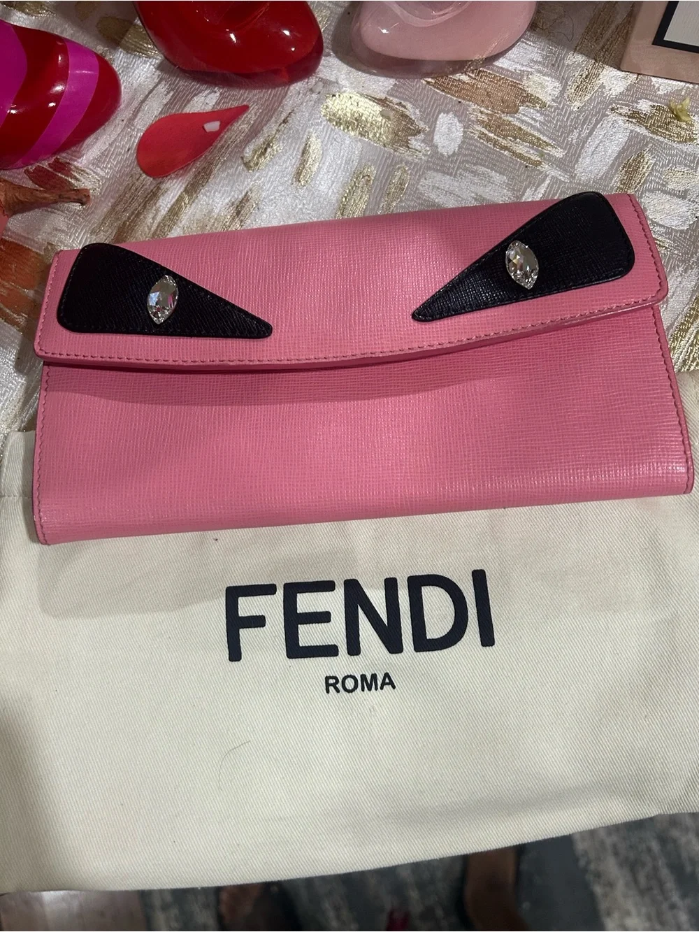 Fendi Monster Pink Leather Wallet with Black Eye-Detail Accents